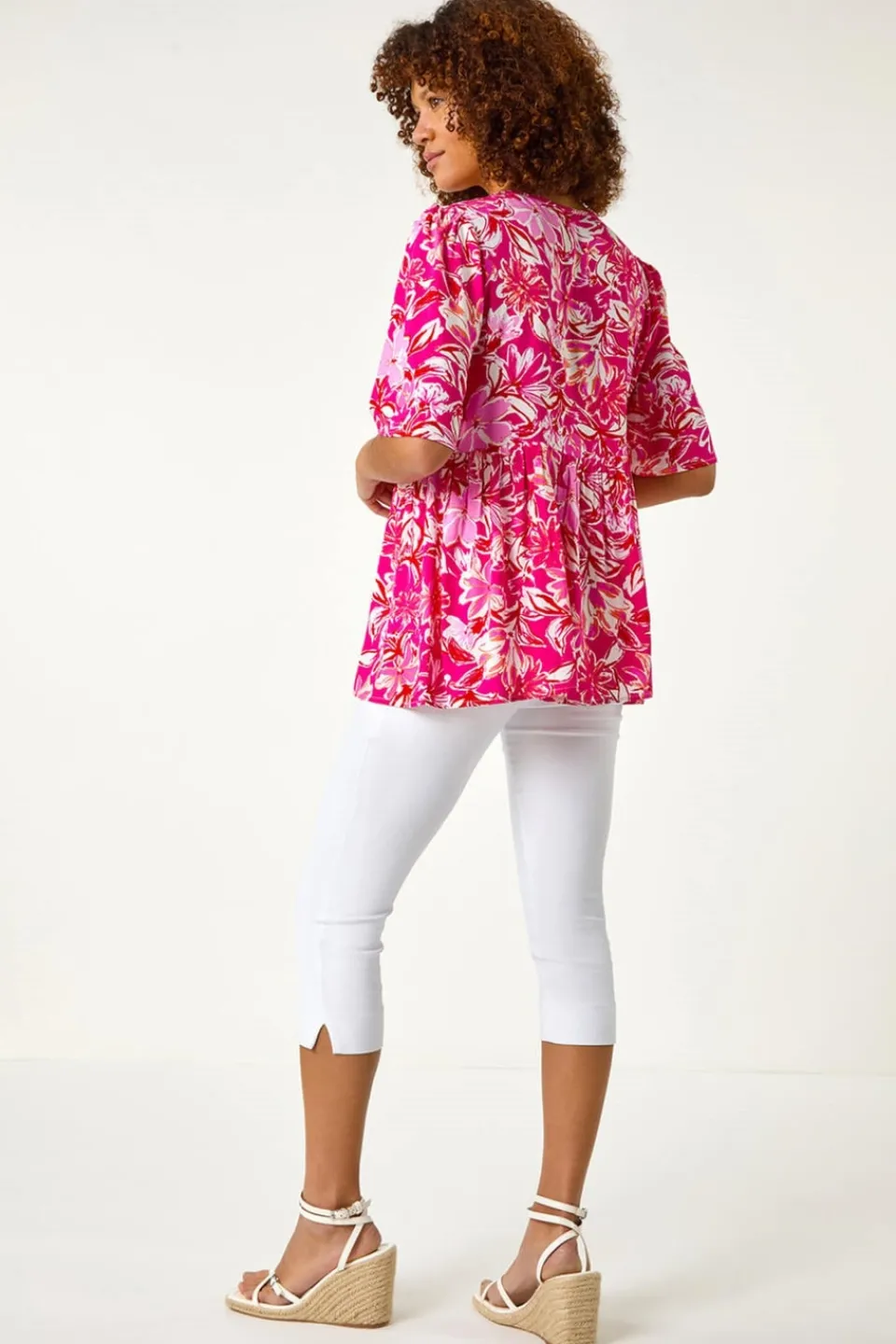 Tops>Roman Candy Pink Abstract Floral Print Tassel Top