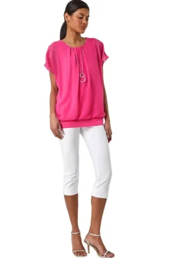 Tops>Roman Candy Pink Chiffon Jersey Blouson Top With Necklace
