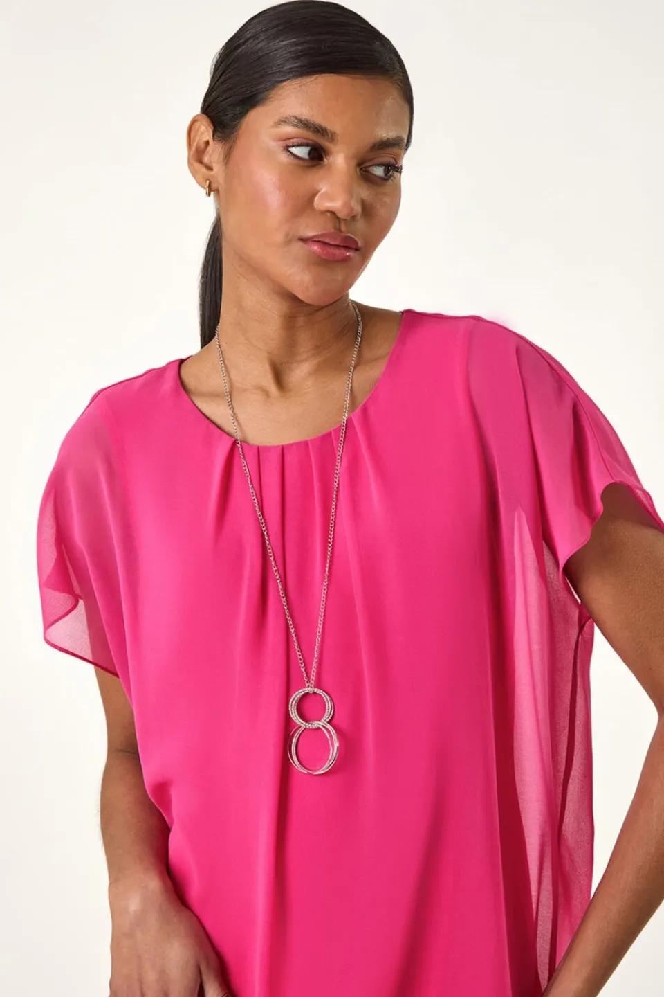 Tops>Roman Candy Pink Chiffon Jersey Blouson Top With Necklace