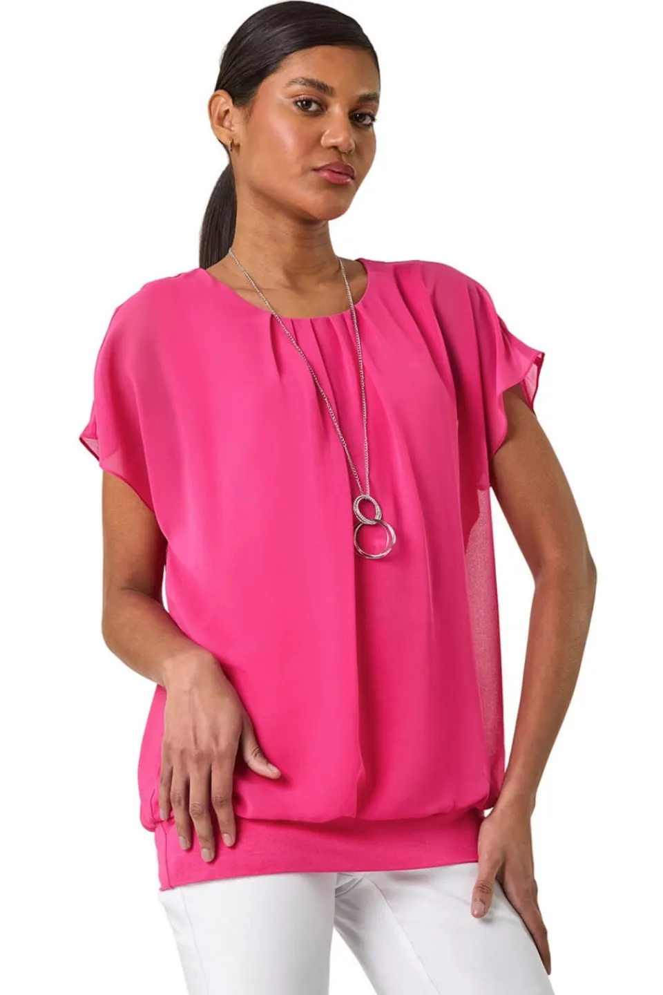 Tops>Roman Candy Pink Chiffon Jersey Blouson Top With Necklace
