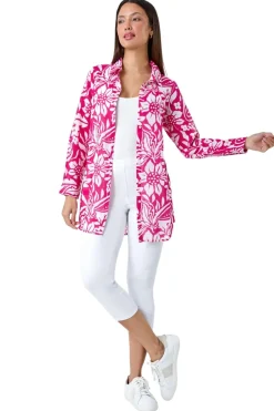 Tops>Roman Candy Pink Floral Print Longline Cotton Shirt