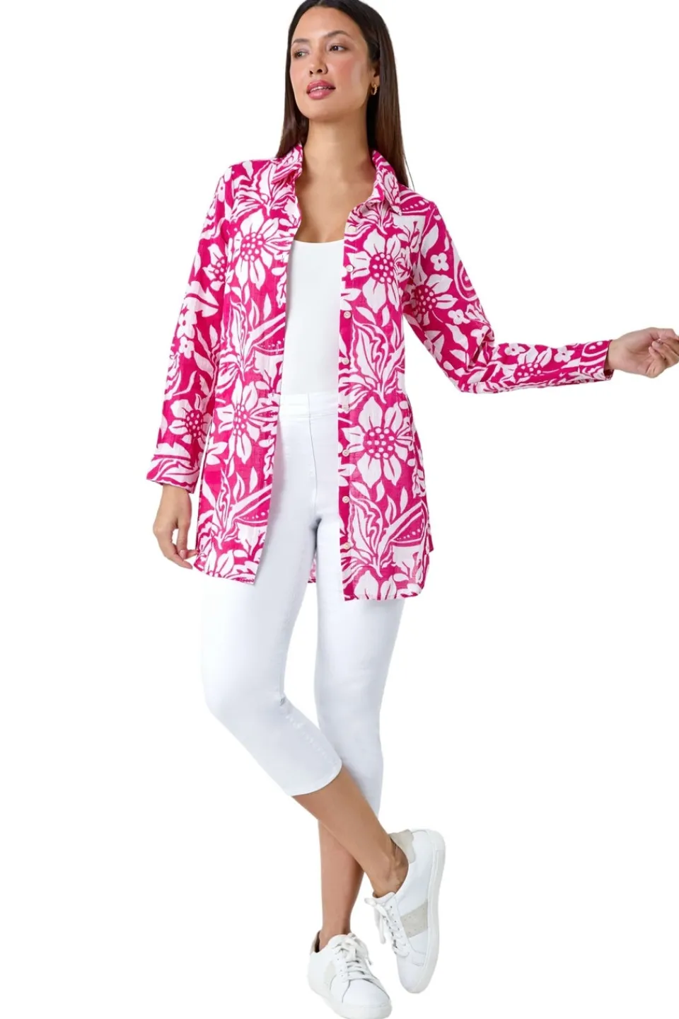Tops>Roman Candy Pink Floral Print Longline Cotton Shirt