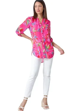 Tops>Roman Candy Pink Floral Print Longline Blouse