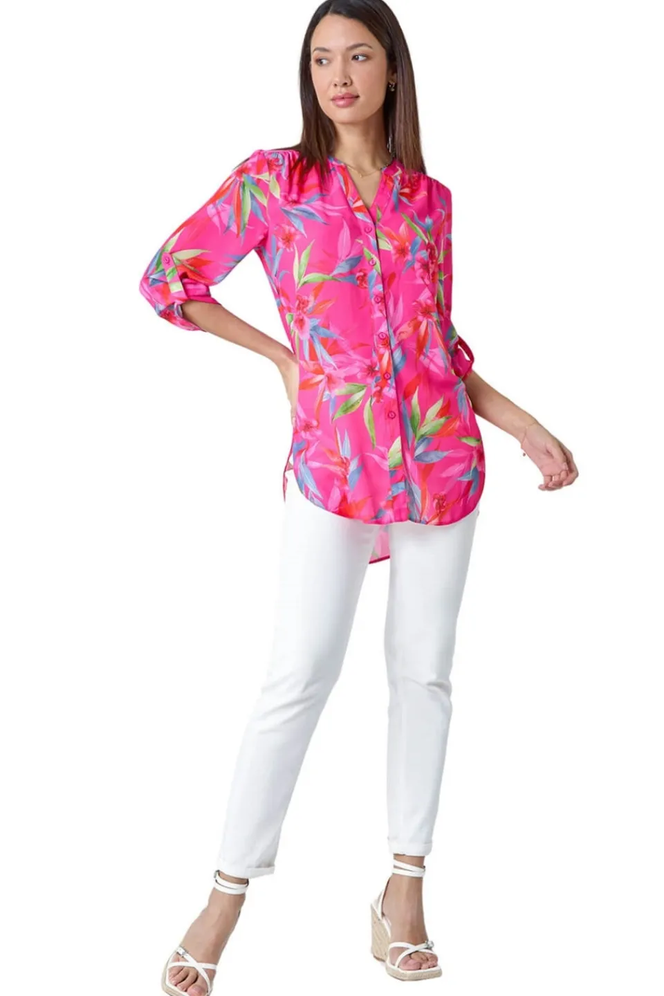 Tops>Roman Candy Pink Floral Print Longline Blouse
