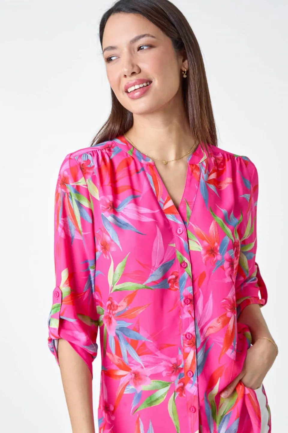 Tops>Roman Candy Pink Floral Print Longline Blouse