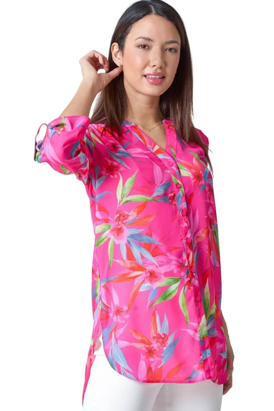 Tops>Roman Candy Pink Floral Print Longline Blouse