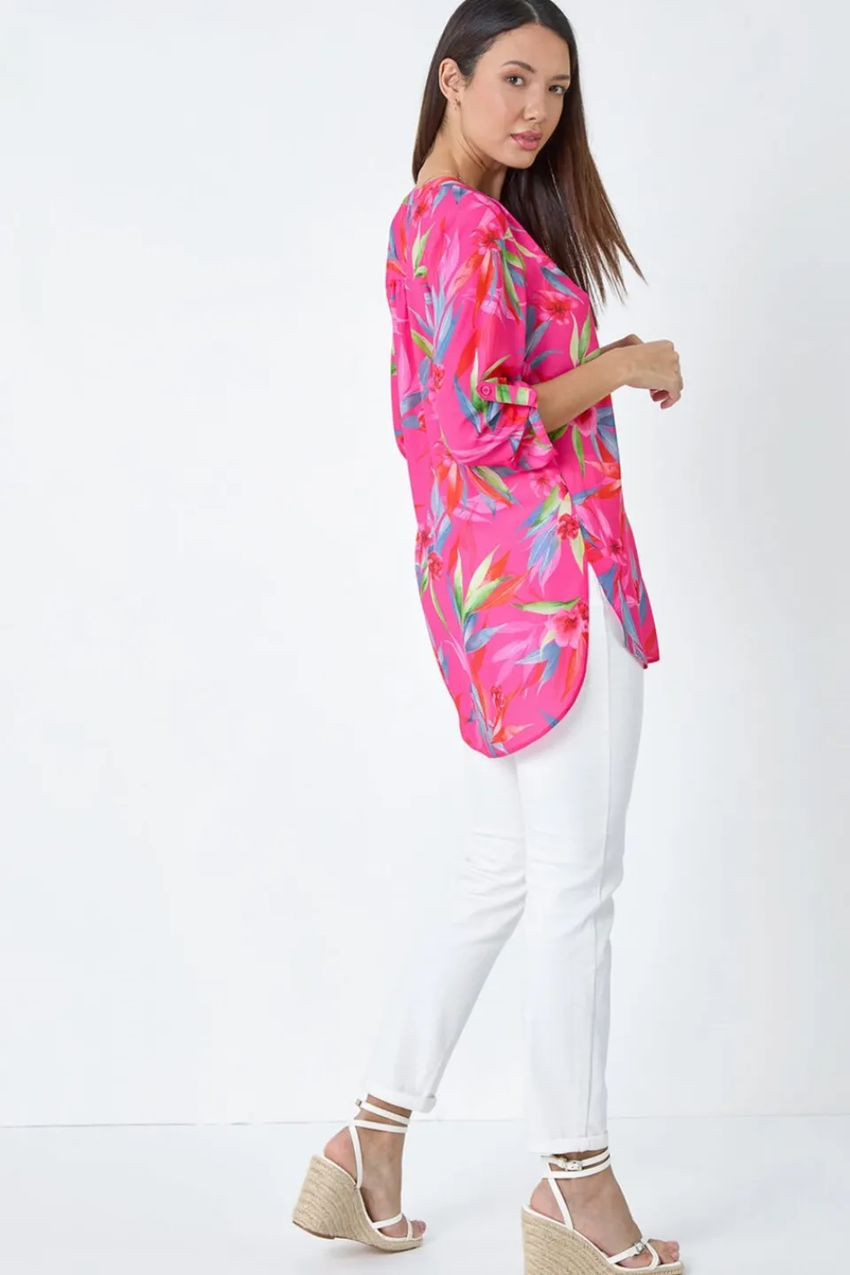Tops>Roman Candy Pink Floral Print Longline Blouse