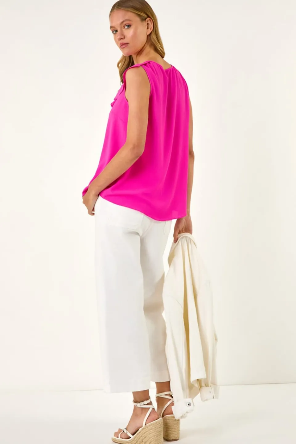 Tops>Roman Candy Pink Ruffle V Neck Vest Top
