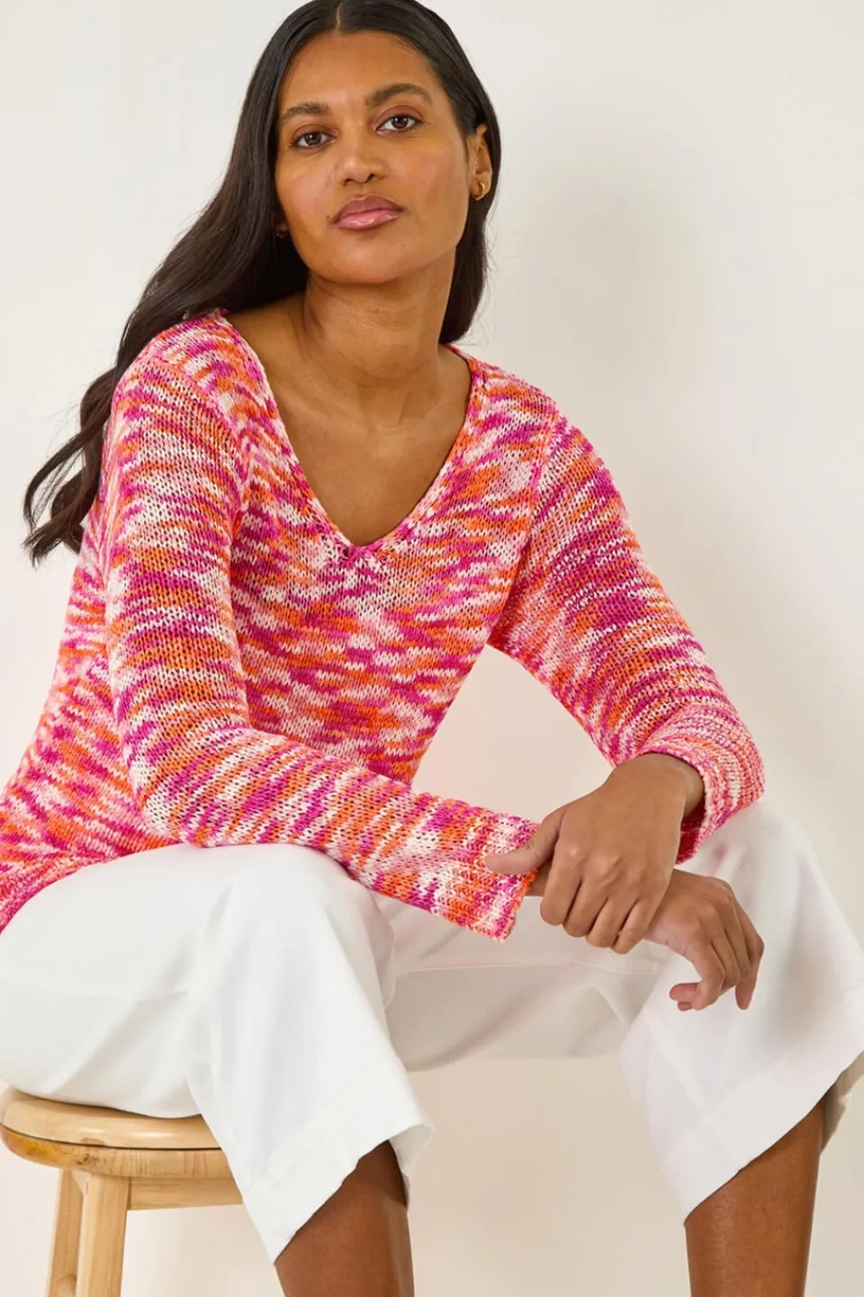 Tops>Roman Candy Pink Spacedye V Neck Knit Jumper
