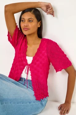 Tops>Roman Candy Pink Textured Tie Front Shrug