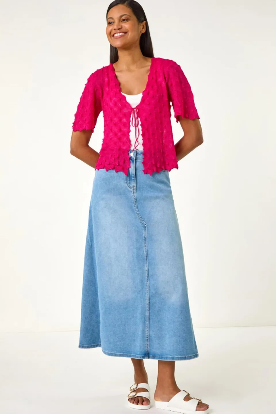 Tops>Roman Candy Pink Textured Tie Front Shrug