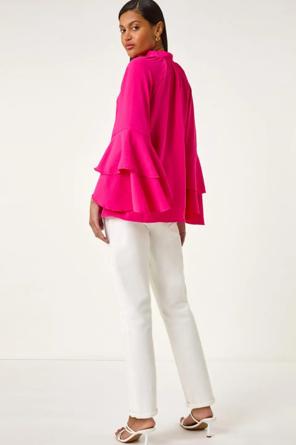 Tops>Roman Cerise Frilled Sleeve Tie Front Top