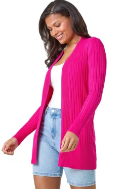 Tops>Roman Longline Stretch Ribbed Cardigan Cerise