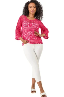 Tops>Roman Cerise Petite Cotton Crotchet Tunic Top