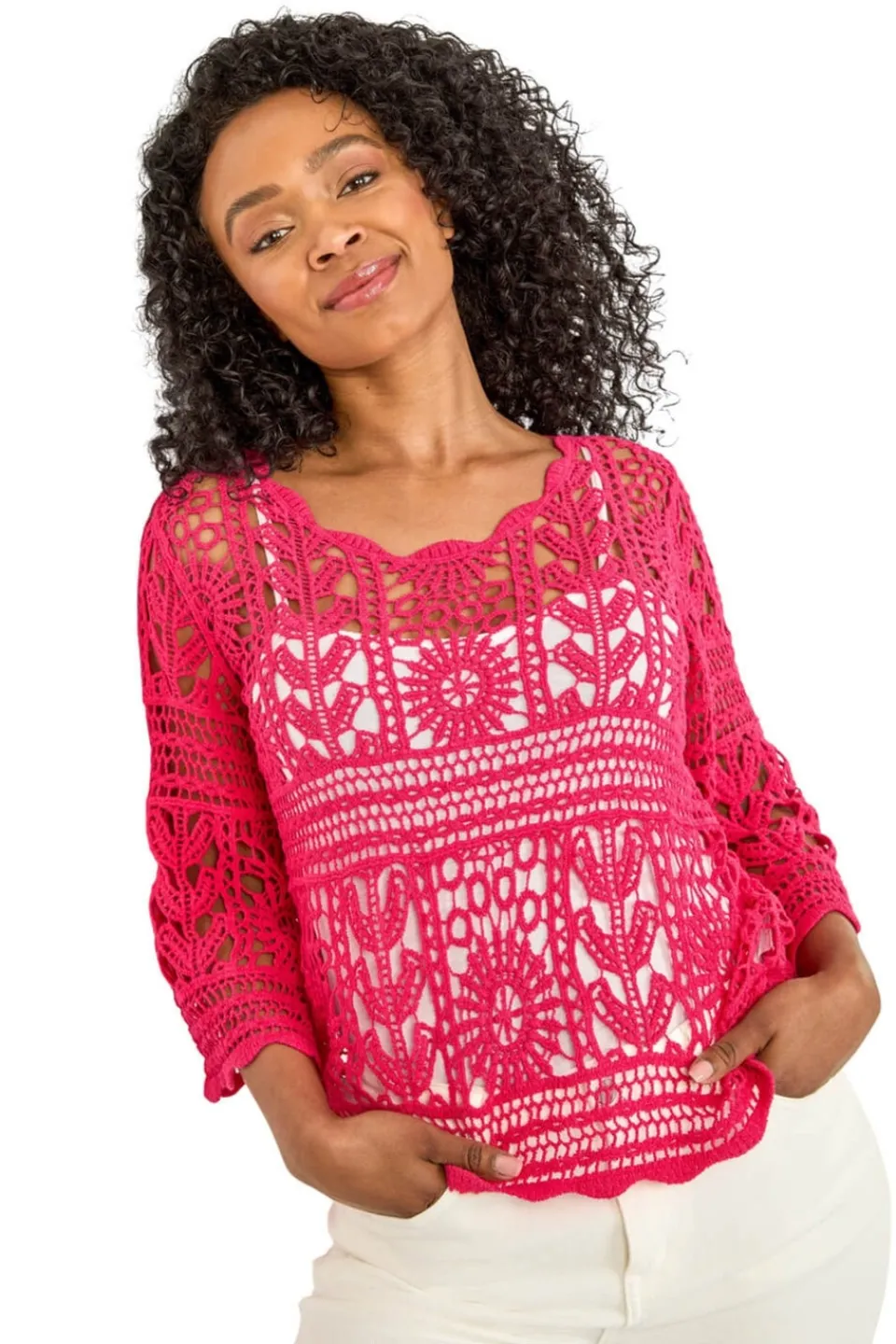 Tops>Roman Cerise Petite Cotton Crotchet Tunic Top