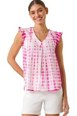 Tops>Roman Cerise Pleated Tie Dye Frill Top