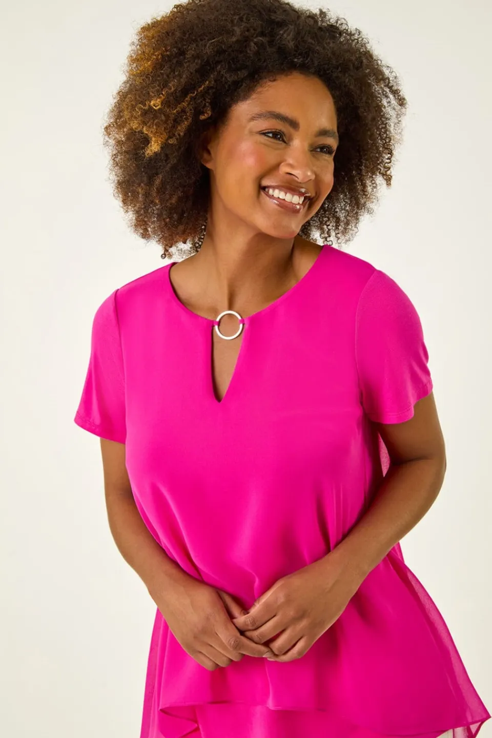Tops>Roman Cerise Ring Front Chiffon Overlay Top