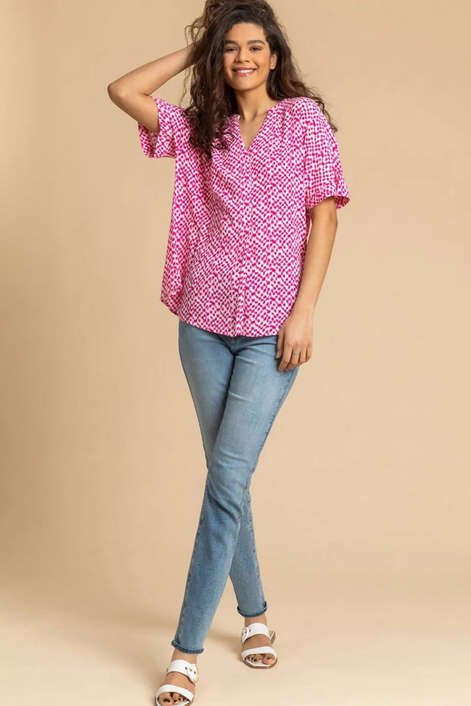 T-Shirts>Roman Cerise Spot Print V-Neck Tunic Top