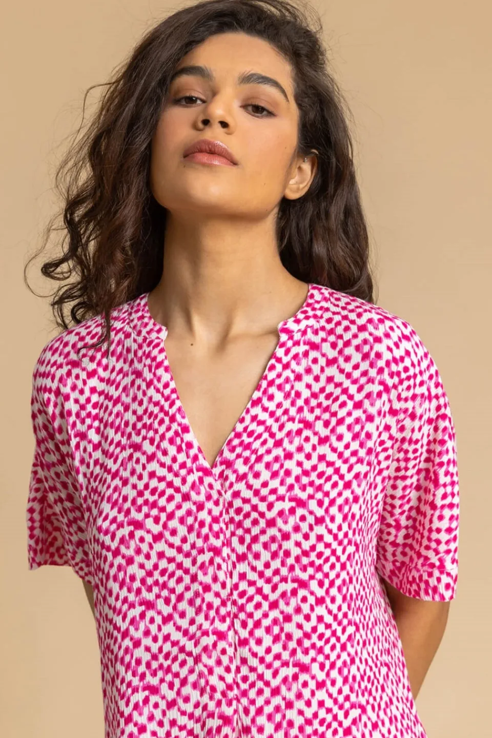 T-Shirts>Roman Cerise Spot Print V-Neck Tunic Top