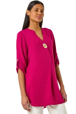 Tops>Roman V Neck Button Detail Top Cerise