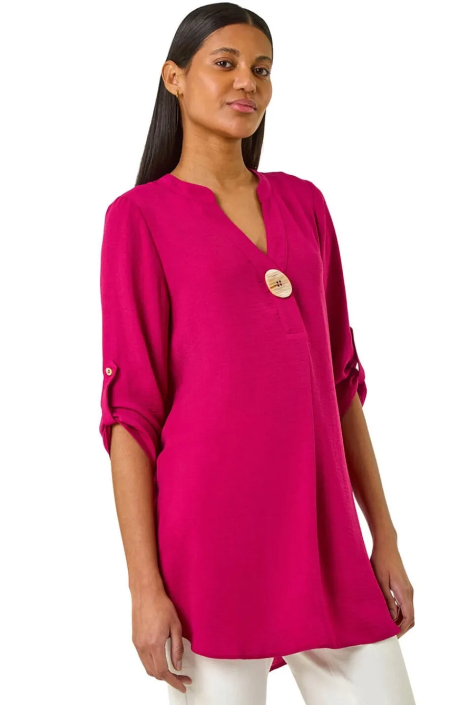 Tops>Roman V Neck Button Detail Top Cerise