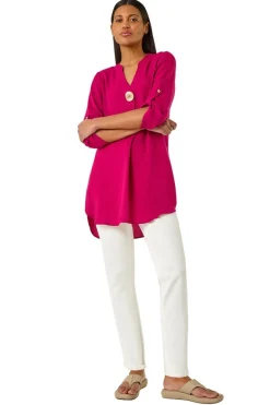 Tops>Roman V Neck Button Detail Top Cerise