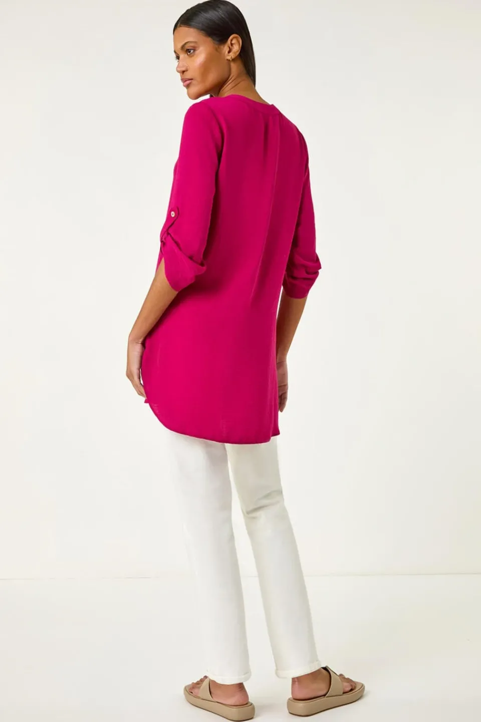 Tops>Roman V Neck Button Detail Top Cerise