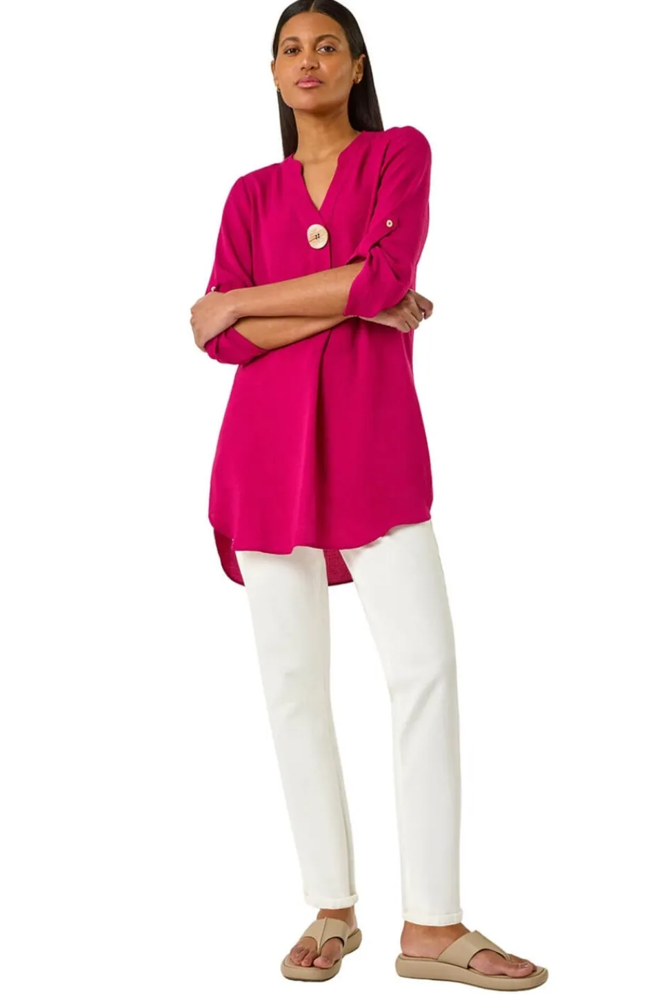 Tops>Roman V Neck Button Detail Top Cerise