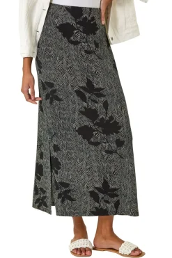 Skirts>Roman Charcoal Abstract Leaf Print Maxi Skirt