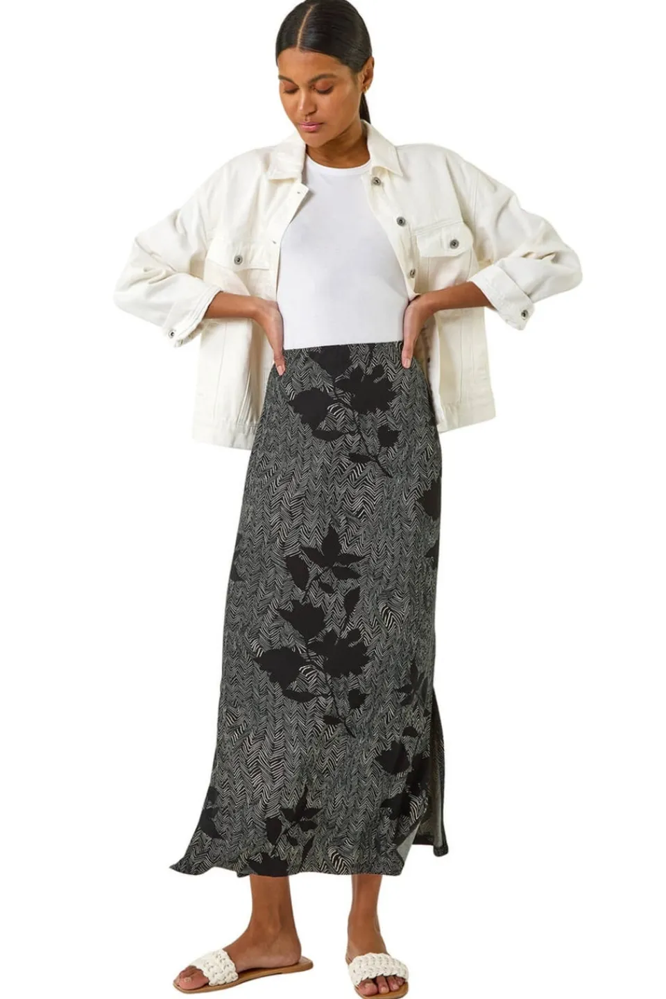 Skirts>Roman Charcoal Abstract Leaf Print Maxi Skirt