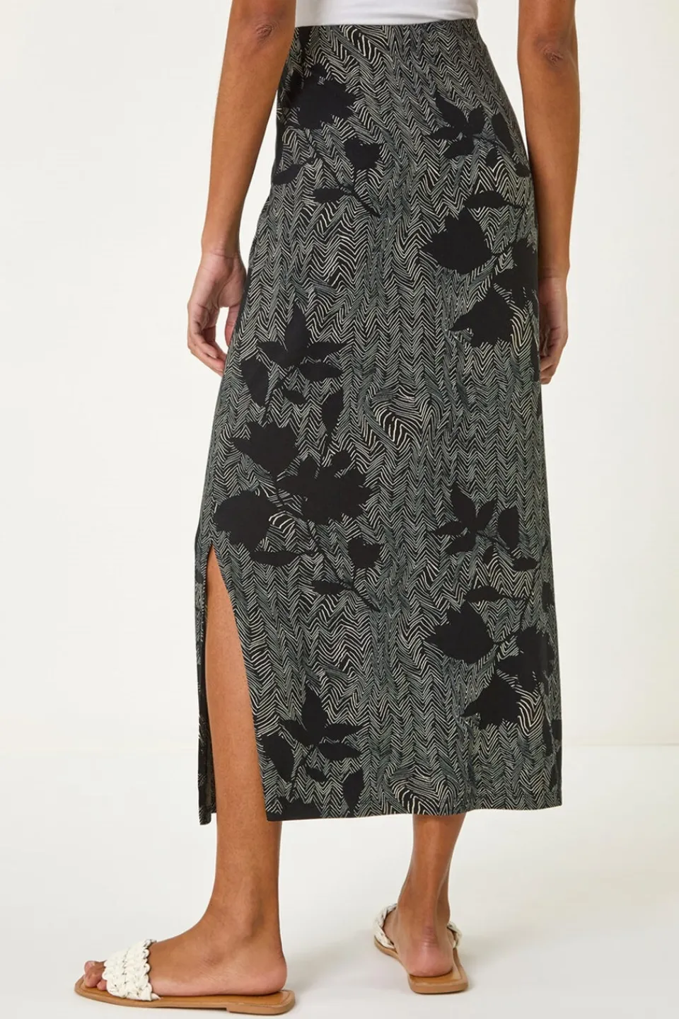 Skirts>Roman Charcoal Abstract Leaf Print Maxi Skirt