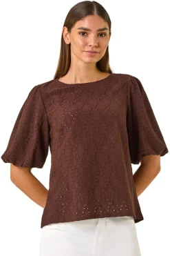 Tops>Roman Chocolate Broderie Puff Sleeve Top