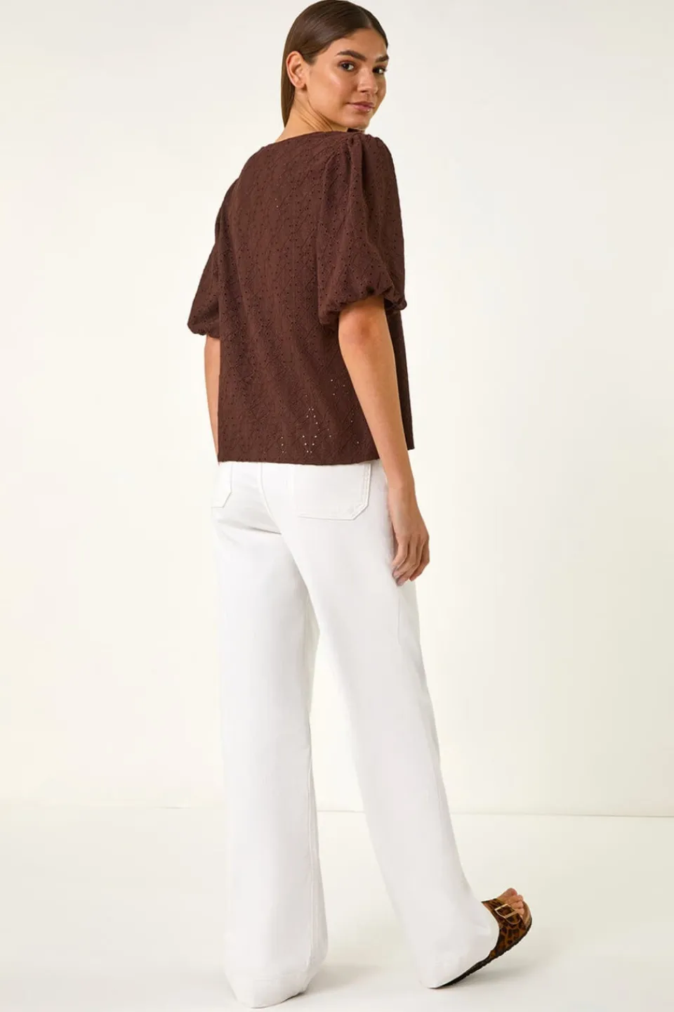 Tops>Roman Chocolate Broderie Puff Sleeve Top
