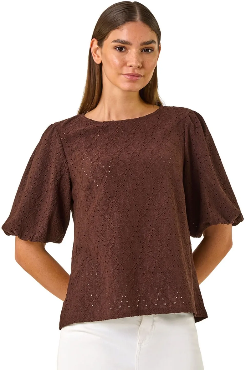 Tops>Roman Chocolate Broderie Puff Sleeve Top