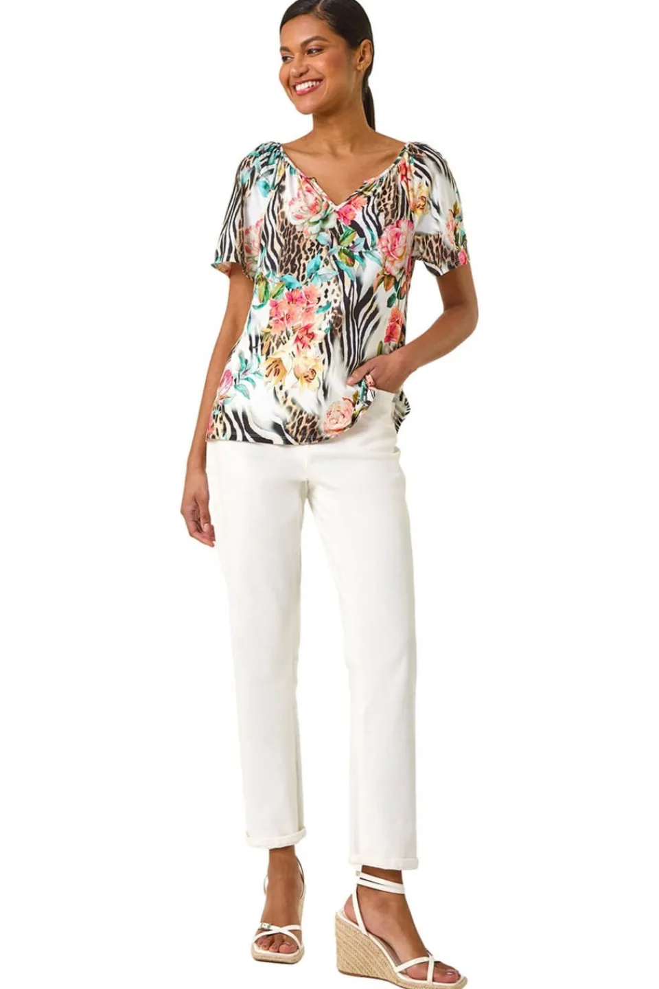 Tops>Roman Coral Animal Floral Notch Neck Top