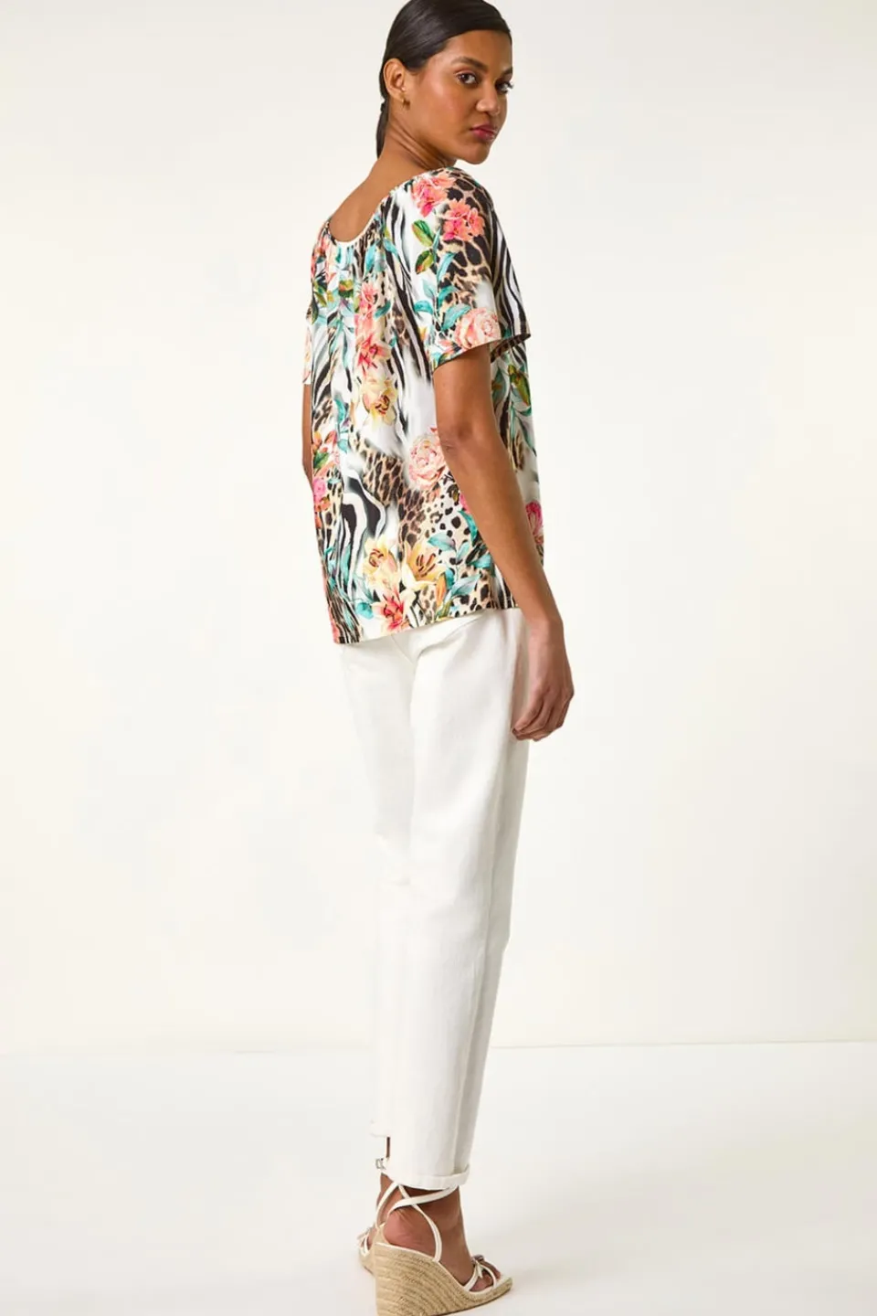 Tops>Roman Coral Animal Floral Notch Neck Top