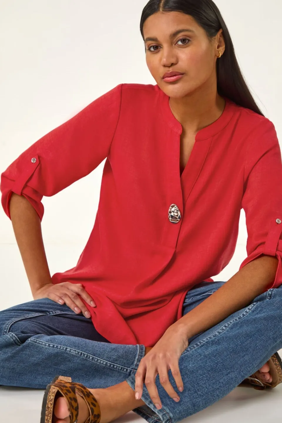 Tops>Roman Button Detail Longline Blouse Coral