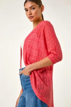 Tops>Roman Coral Cotton Crochet Tunic Cardigan