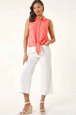 Tops>Roman Coral Embroidered Tie Front Blouse