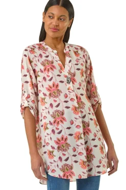 Tops>Roman Coral Floral Print Button V-Neck Tunic Top