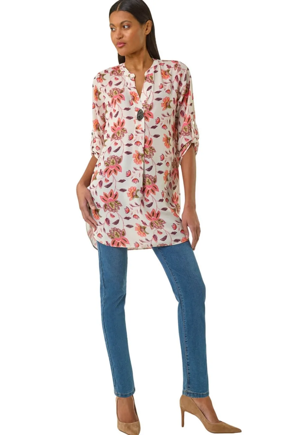 Tops>Roman Coral Floral Print Button V-Neck Tunic Top