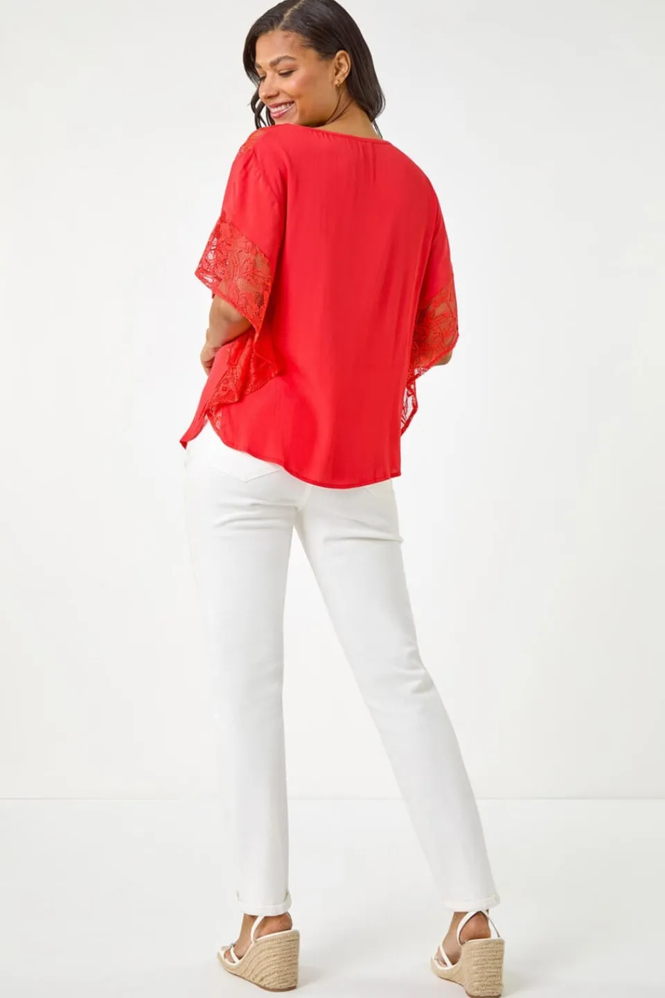 Tops>Roman Coral Gathered Lace Insert Sleeve Top