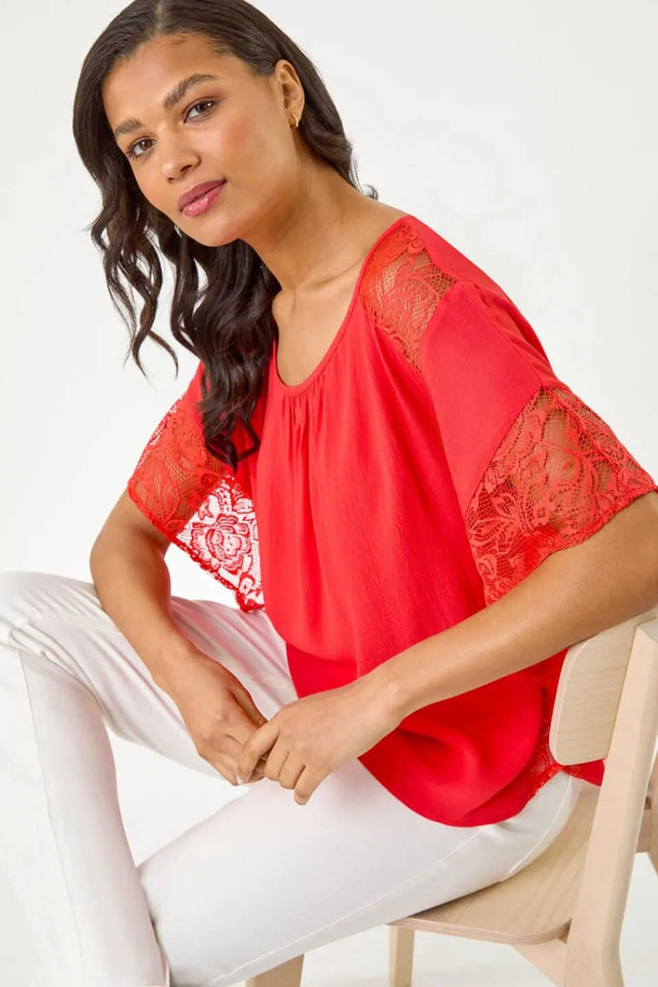 Tops>Roman Coral Gathered Lace Insert Sleeve Top