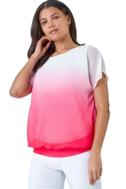 T-Shirts>Roman Coral Ombre Chiffon Overlay Blouson Top
