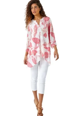 T-Shirts>Roman Palm Print V-Neck Wrap Hem Tunic Top Coral