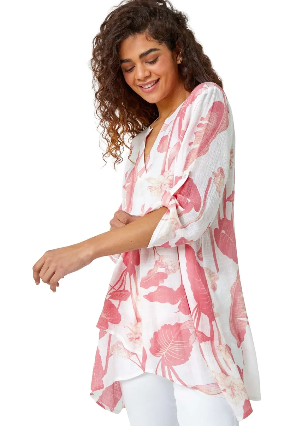 T-Shirts>Roman Palm Print V-Neck Wrap Hem Tunic Top Coral