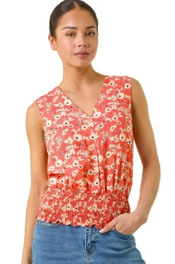 Tops>Roman Coral Petite Ditsy Shirred Blouson Top