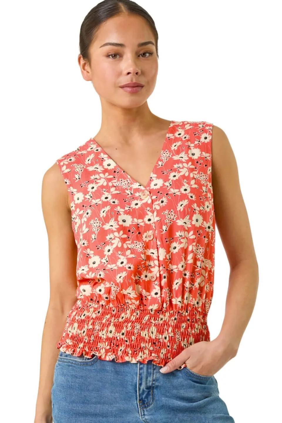 Tops>Roman Coral Petite Ditsy Shirred Blouson Top