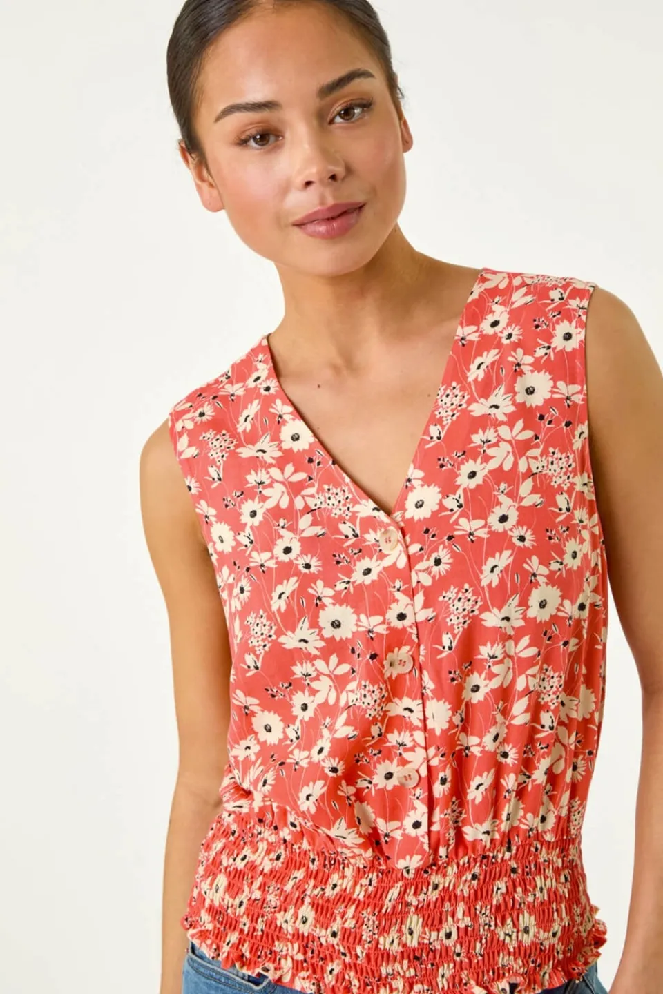 Tops>Roman Coral Petite Ditsy Shirred Blouson Top