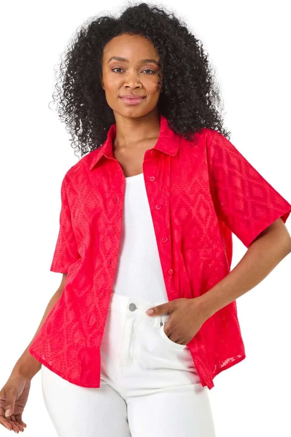 Blouses & Shirts>Roman Coral Petite Jacquard One Pocket Shirt